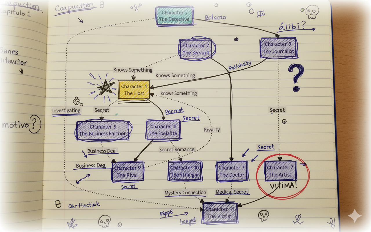 Character Relationship Web showing all 11 characters and their connections
